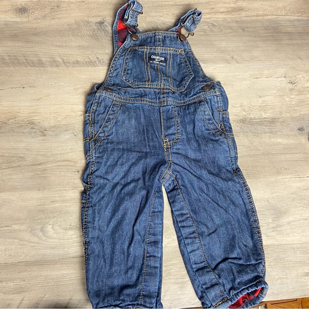Oshkosh B’gosh 12 Months Classic Denim Blue Jeans Overalls Red Plaid‎ Flannel